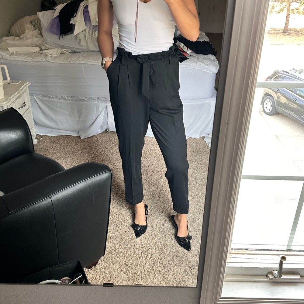 Women's Black Paperbag Waist Pants